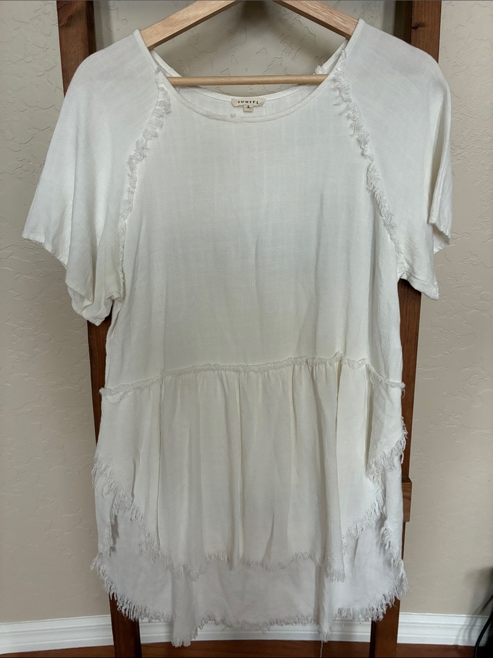 JODIFL Ivory Short Sleeve Peasant Tunic with Frayed Trim